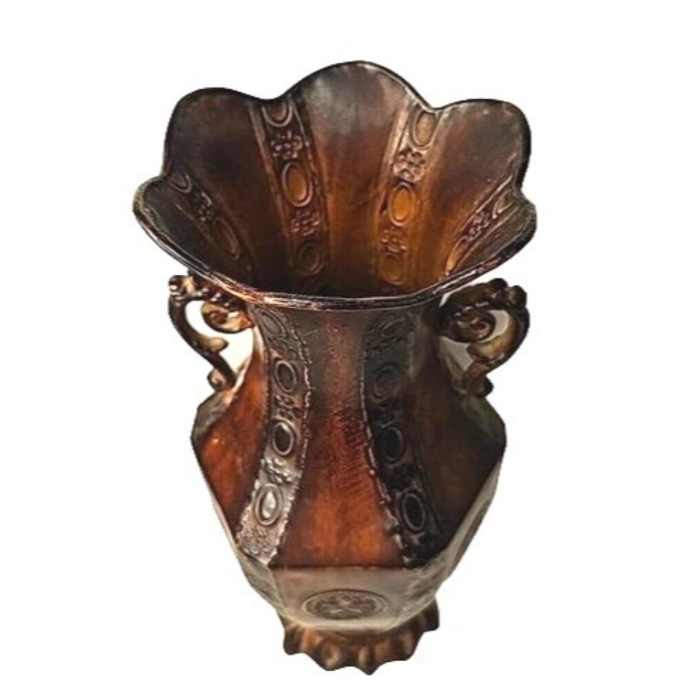 Vintage Metalware Embossed Ornate Rustic Bronze Look Urn With Handles 13 inches